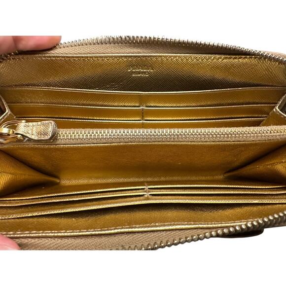 Prada + Authenticity Card Gold Saffiano Leather Prada long zippy wallet bow COA - Picture 6 of 7